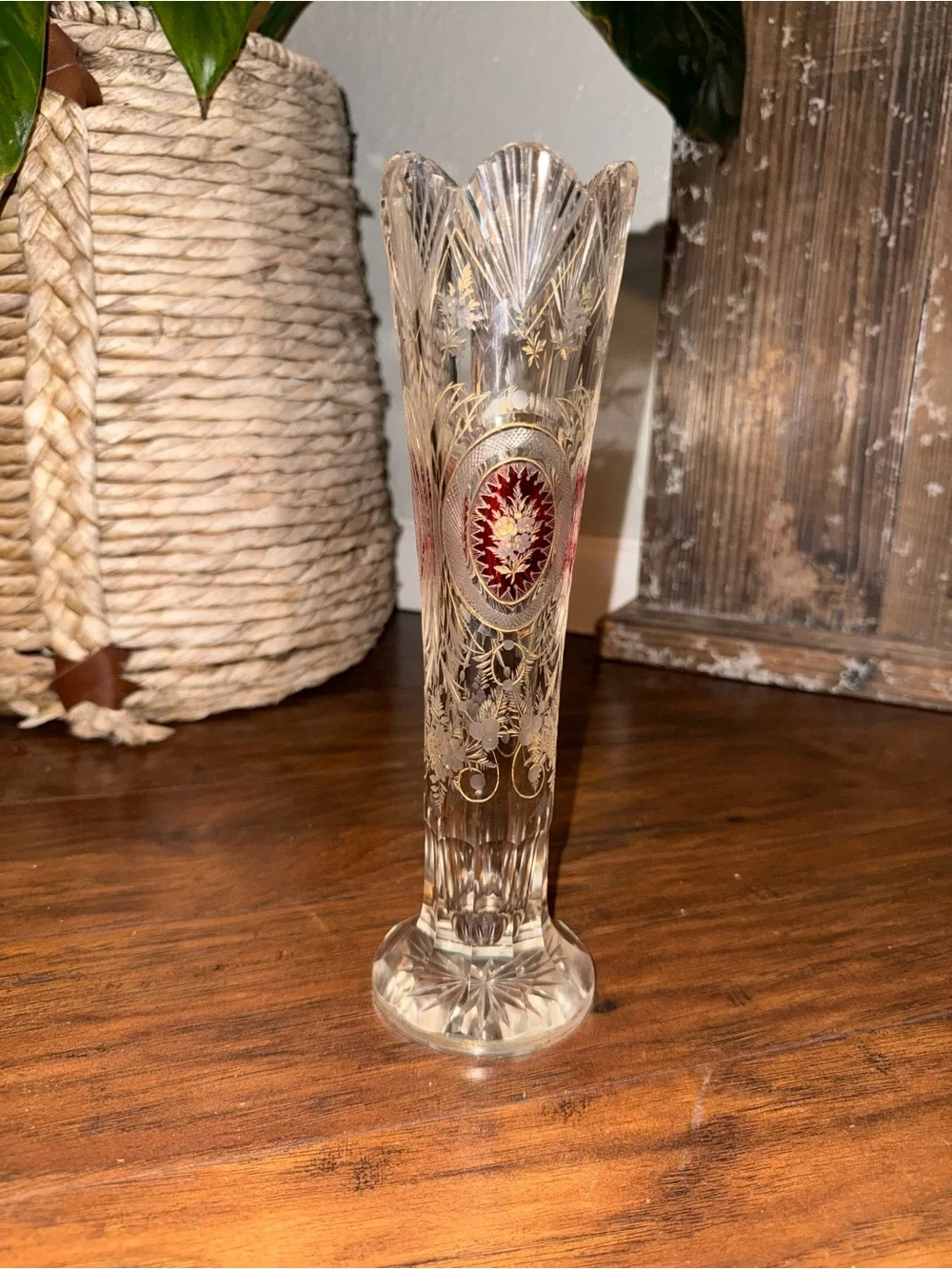 Vintage Bohemian Czech Crystal Vase Ruby Flash Gold Gilt Floral 10” Vase (Rare)